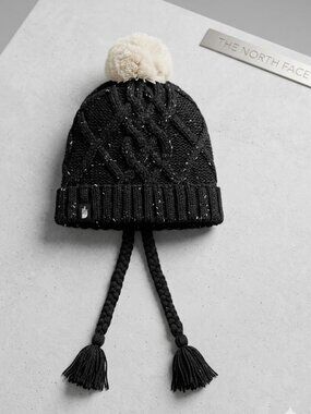 The North Face Black Cable-Knit Ponytail Beanie Hat w/ PomPom Black and White